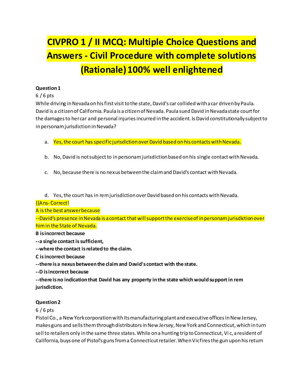 Preview image for CIVPRO 1 / II MCQ: Multiple Choice Questions and Answers - Civil Procedure with complete solutions (Rationale) 100% well enlightened